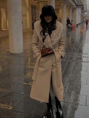 ZARA LONG PREMIUM WOOL BLEND COAT LIGHT TAN REMOVABLE FAUX FUR COLLAR. Medium